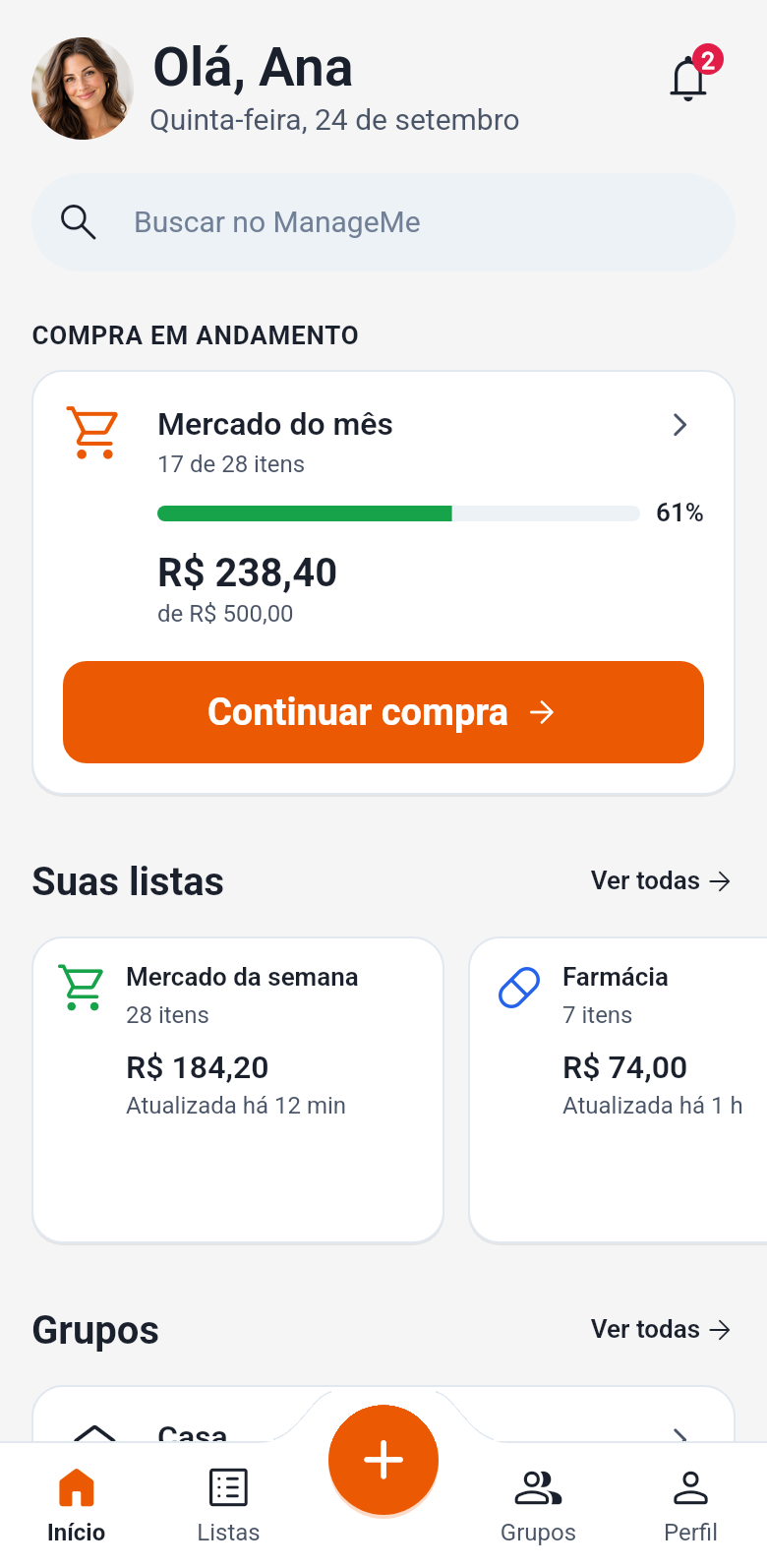 Tela inicial do app ManageMe: compra em andamento com 17 de 28 itens, suas listas e grupos.