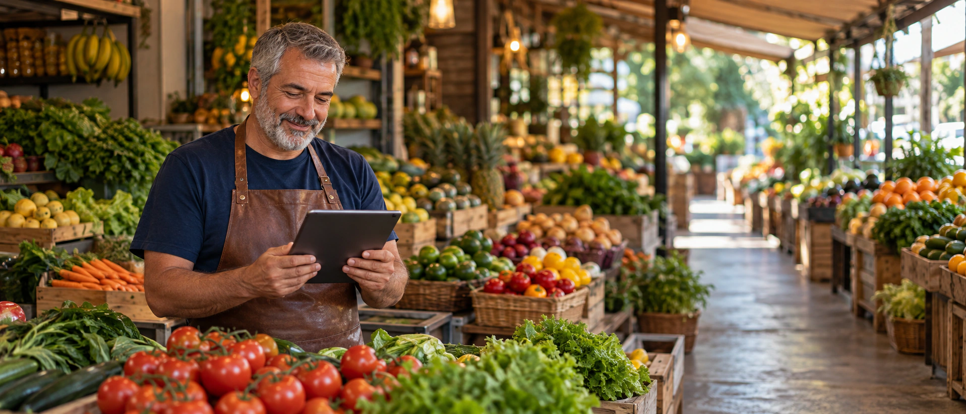 Feirante de avental sorrindo enquanto olha um tablet, numa feira coberta com bancas de frutas, verduras e tomates.