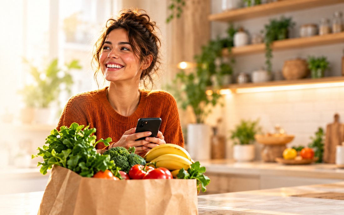 Mulher sorrindo numa cozinha ensolarada, com o celular na mão e uma sacola de feira cheia de verduras e frutas.