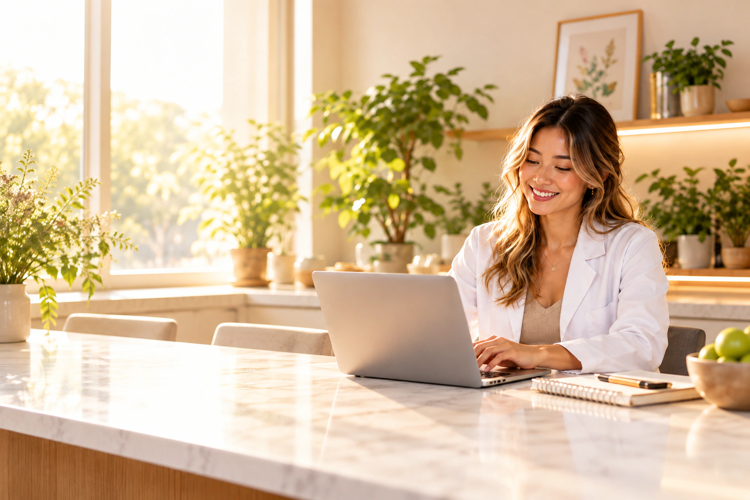 Nutricionista de jaleco sorrindo enquanto usa o notebook numa bancada clara, com plantas ao fundo.