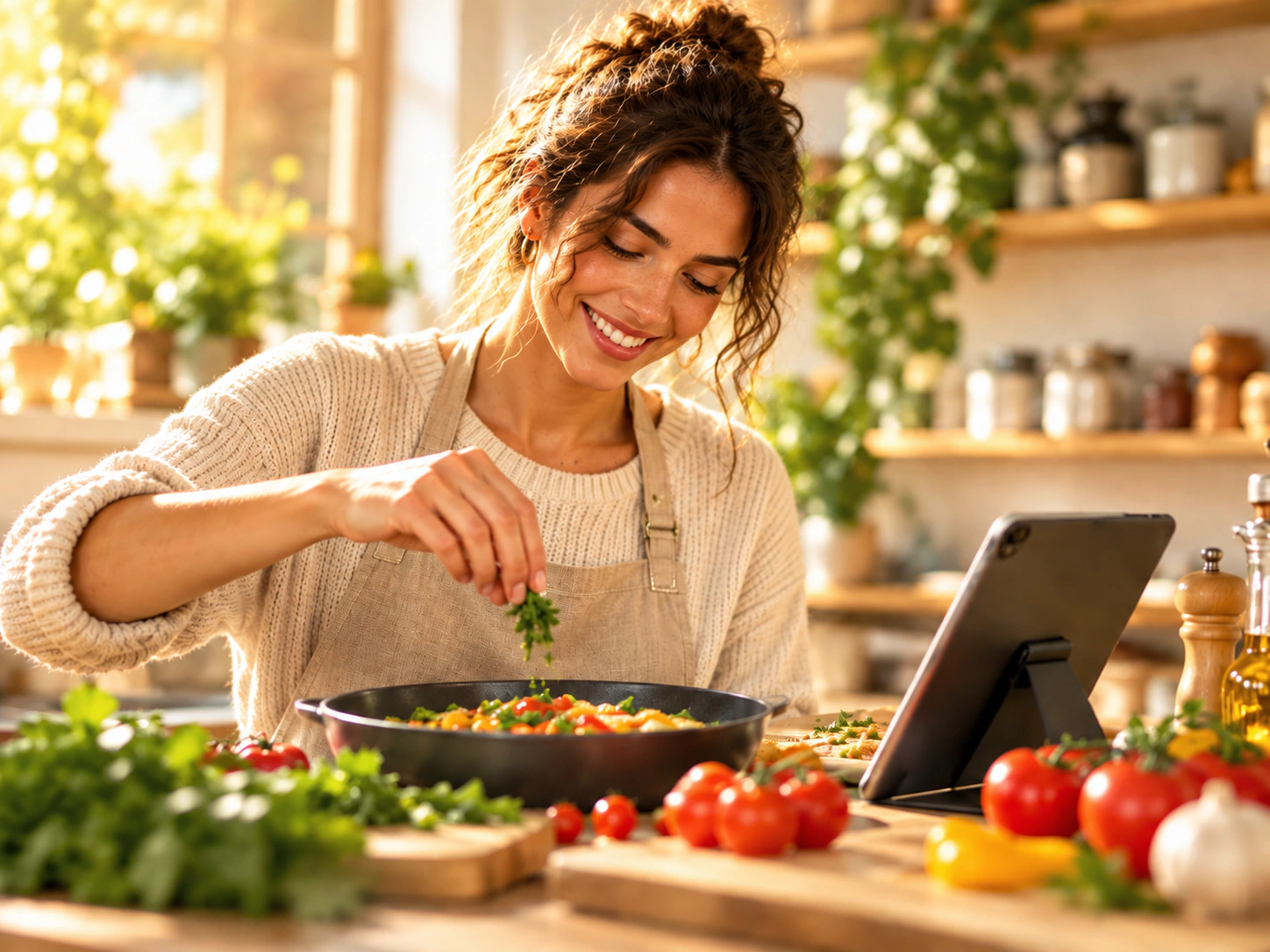 Mulher temperando uma frigideira com ervas, com a receita aberta no tablet