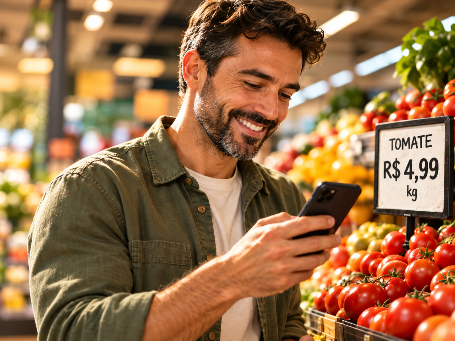 Homem no mercado comparando no celular o preço do tomate