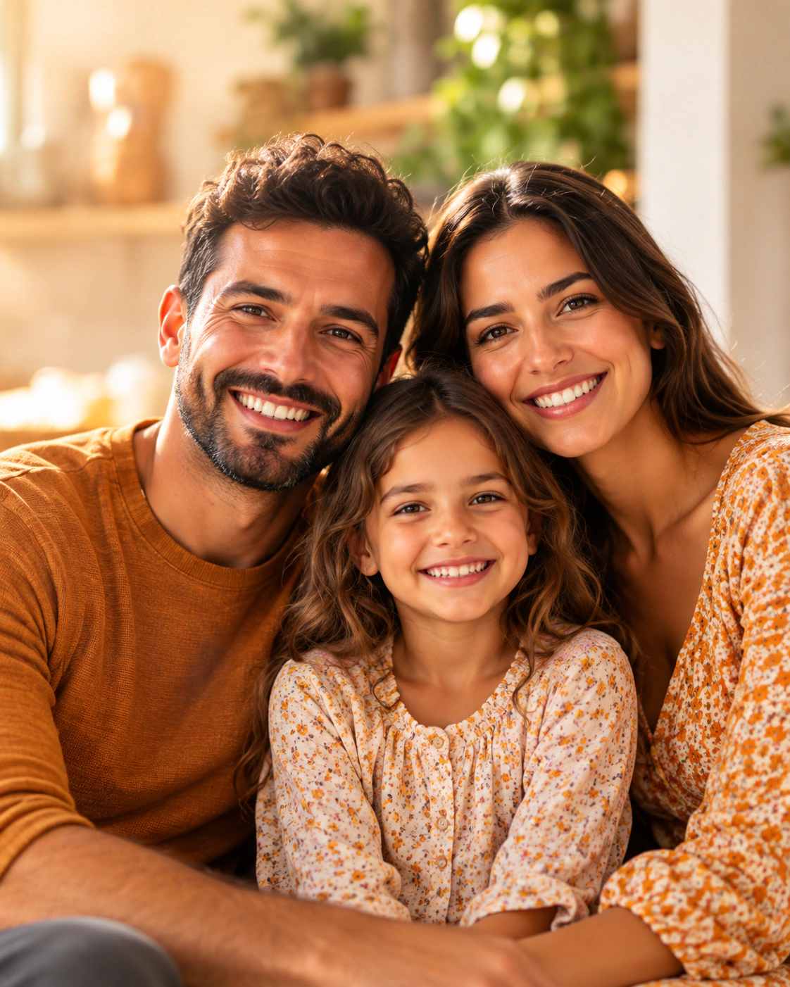 Pai, mãe e filha abraçados e sorrindo